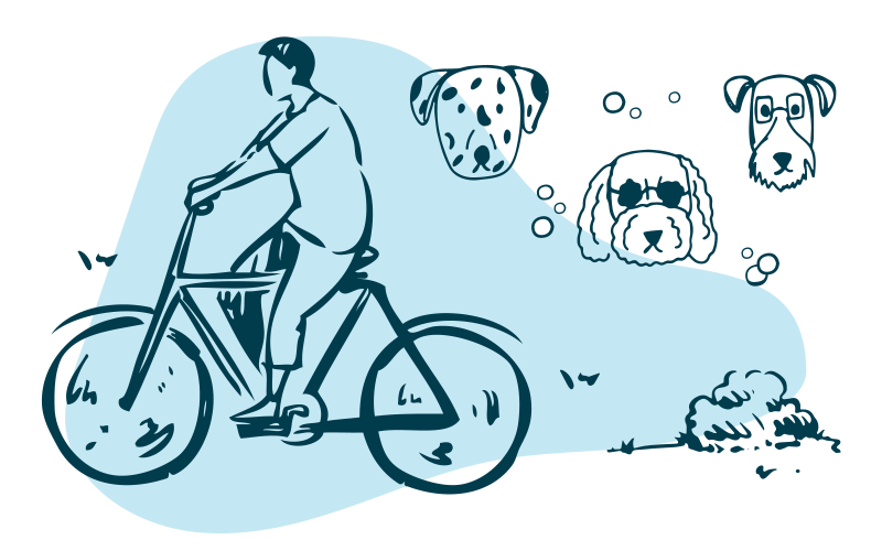 Blue design of a man on his bike with furry dog friends