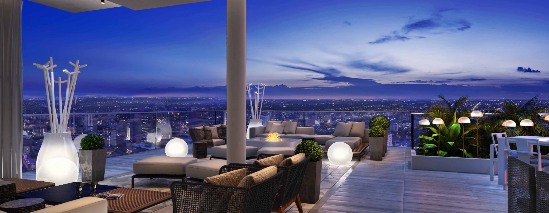 Rooftop lounge space with panoramic views